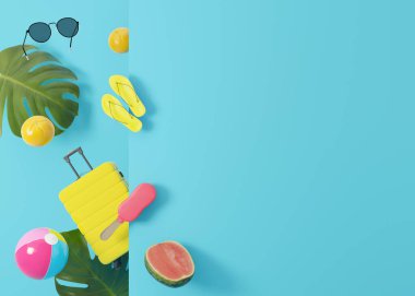 Yaz, tatil geçmişi. Mavi renk, tatil detayları. Reklam için zemin. Boş, metin için boşluk kopyala. Modern, modaya uygun ve renkli tasarım. Tatil, seyahat, turizm. 3B görüntüleme.