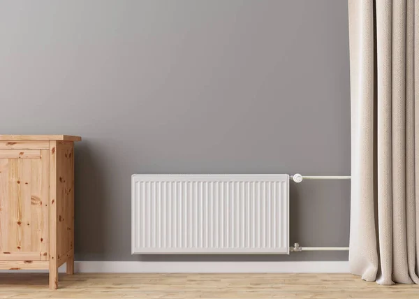 Ψυγειοκαταψύκτης με θερμοστάτη σε γκρι τοίχο στο μοντέρνο δωμάτιο. Κεντρικό σύστημα θέρμανσης. Δωρεάν, αντιγράψτε χώρο για το κείμενό σας. 3D απόδοση. — Φωτογραφία Αρχείου