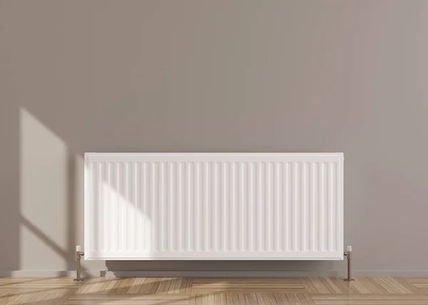 White heating radiator on grey wall. Central heating system. Free, copy space for your text. 3D rendering. — Stok fotoğraf