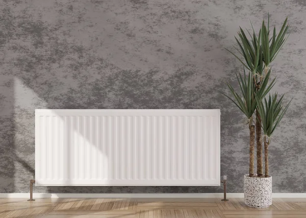 Witte verwarming radiator op grijze betonnen muur in moderne kamer. Centrale verwarming. Gratis, kopieer ruimte voor uw tekst. 3D-weergave. — Stockfoto