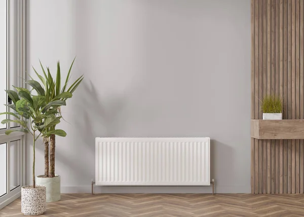 Ψυγειοκαταψύκτης σε γκρι τοίχο στο σύγχρονο δωμάτιο. Κεντρικό σύστημα θέρμανσης. Δωρεάν, αντιγράψτε χώρο για το κείμενό σας. 3D απόδοση. — Φωτογραφία Αρχείου