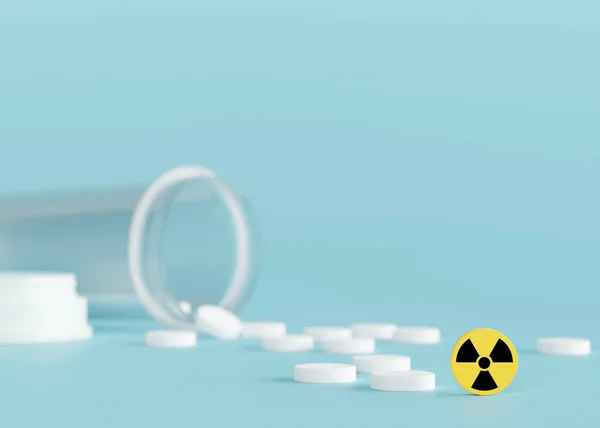 Anti-Radiation Pills, Iodine tablets, tablets for radiation protection. Potassium iodine tablet protecting against the dangers of accidental exposure to radioactivity. Nuclear threats. 3d rendering. — стоковое фото