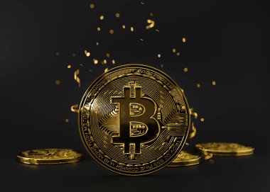 Siyah arka planda kripto para altın bitcoin. Kripto para birimi sembolü. İnternet bankacılığı ve uluslararası ağ ödemeleri için elektronik sanal para. İş, finans, teknoloji. 3 Boyutlu Hazırlama