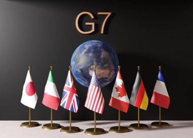 7 ülkeden oluşan bayraklar: Kanada, Fransa, Almanya, İtalya, Japonya, İngiltere, ABD. G7 zirvesi hükümetler arası siyasi bir forumdur. Dünya ekonomisi, küresel ticaret, ekonomi politikası. 3d oluşturma.