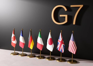 7 ülkeden oluşan bayraklar: Kanada, Fransa, Almanya, İtalya, Japonya, İngiltere, ABD. G7 zirvesi hükümetler arası siyasi bir forumdur. Dünya ekonomisi, küresel ticaret, ekonomi politikası. 3d oluşturma.