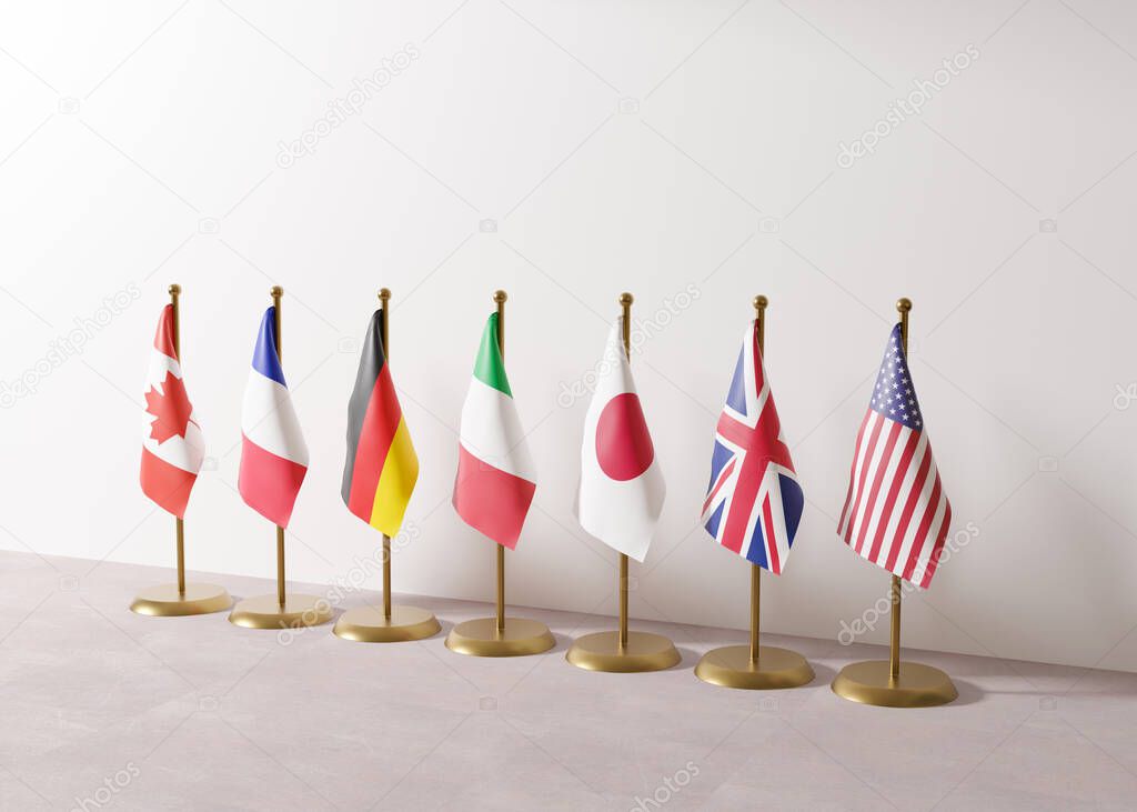 Flags of G7, group of seven countries: Canada, France, Germany, Italy, Japan, UK, USA. G7 summit is an inter-governmental political forum. World economy, global trade, economic policy. 3d rendering.
