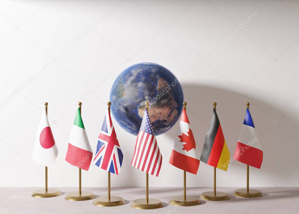 Flags of G7, group of seven countries: Canada, France, Germany, Italy, Japan, UK, USA. G7 summit is an inter-governmental political forum. World economy, global trade, economic policy. 3d rendering.