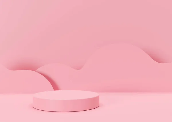 Pink round podium with waves on pink background. Podium for product, cosmetic presentation. Mock up. Pedestal or platform for beauty products. Empty scene. 3D rendering.