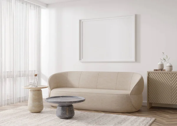 Marco horizontal vacío en la pared blanca en la sala de estar moderna. Prepara el interior en estilo contemporáneo y escandinavo. Espacio libre, copia para tu foto, cartel. Sofá, alfombra, mesa. Renderizado 3D. — Foto de Stock