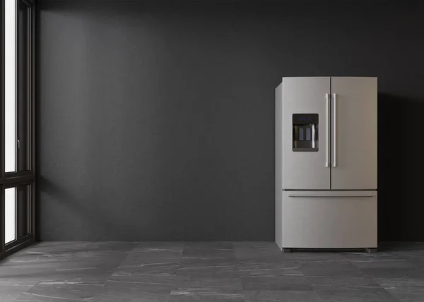 Refrigerator standing in empty room. Free, copy space for text or other objects. Household electrical equipment. Modern kitchen appliance. Stainless steel fridge with double doors, freezer. 3d render.