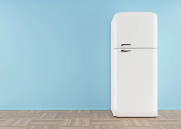 Refrigerator standing in empty room. Free, copy space for text or other objects. Household electrical equipment. Modern kitchen appliance. White fridge with freezer. 3d rendering.
