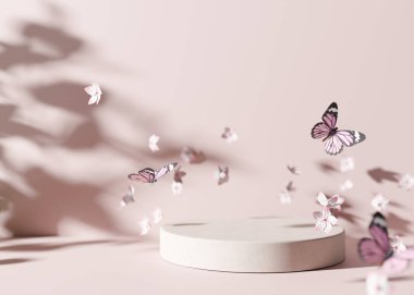 Uçan çiçekli ve kelebekli podyum. Ürün için şık bir podyum, kozmetik sunumu. Model yap. Yaz ya da bahar havası, çiçek. Pedestal, güzellik ürünleri platformu. 3B görüntüleme.