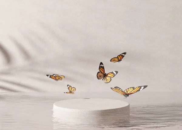 软糖和飞舞的蝴蝶一起站在水里，背景是奶油。漂亮的产品模型,化妆品展示.化妆品的装饰或平台。空旷的场景，舞台。3D渲染. — 图库照片