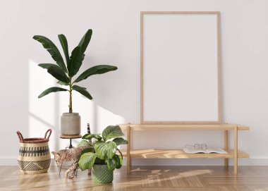 Boş dikey resim çerçevesi. Boho tarzında iç mekan yap. Resim ya da poster için ücretsiz kopyalama alanı. Bitkiler, rattan sepeti, kedi. Yakın çekim görüntüsü. 3B görüntüleme