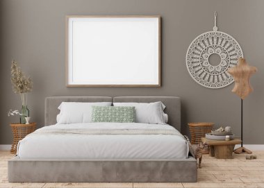 Modern yatak odasındaki gri duvara boş resim çerçevesi. Boho tarzında iç mekan yap. Bedava, resmin için fotokopi alanı, poster. Yatak, rattan masa, otlar, makrome, kedi. 3B görüntüleme