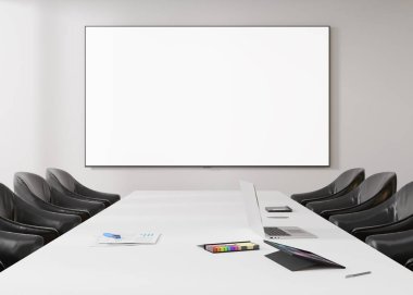 Boş, boş TV ekranlı konferans odası. Monitör modeli. LCD ekranlı iş görüşmesi odası sunum ve reklam için. Modern, çağdaş ofis. Uzayı kopyala, şablon. 3d oluşturma