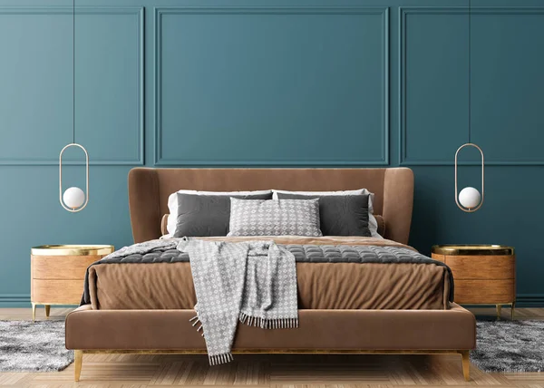 Empty Blue Wall Modern Cozy Bedroom Mock Interior Contemporary Style — Stock Photo, Image