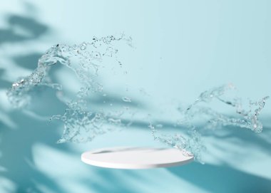 Beyaz, yuvarlak, yapraklardan gölgeler ve açık mavi arka planda su sıçratan bir podyum. Ürün ve kozmetik sunumu için hazırlan. Güzellik ürünleri için yayalar veya platformlar. Boş sahne. 3B görüntüleme