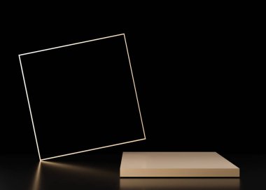 Ürün için kare altın podyum, siyah arkaplan üzerine kozmetik sunum. Model yap. Güzellik ürünleri için yayalar veya platformlar. Boş sahne. Logo ya da metin için boşluk kopyala. 3B görüntüleme