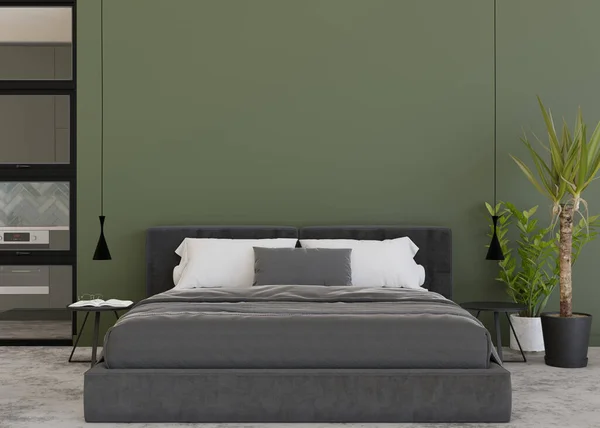 现代舒适的卧室里空荡荡的绿墙 模仿当代风格的室内装潢 免费的 复制您的图片 文字或其他设计的空间 3D渲染 — 图库照片