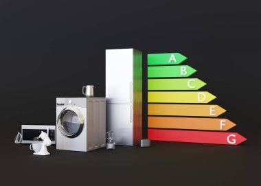 Farklı ev aletleri ve siyah arka planda enerji verimliliği derecelendirme tablosu. Elektronik ev aletleri. Ev aletleri. Enerjini sakla. 3d oluşturma