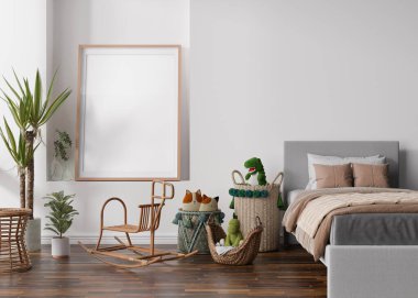 Modern çocuk odasındaki beyaz duvara boş dikey resim çerçevesi. İç mekanın İskandinav tarzında, boho tarzı. Bedava, resmin için kopyalama alanı. Yatak, oyuncaklar. Çocuklar için rahat bir oda. 3B görüntüleme