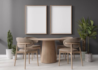 Two empty vertical picture frames on gray wall in modern dining room. Mock up interior in contemporary, scandinavian style. Free space for picture, poster. Wooden table, chairs, plants. 3D rendering