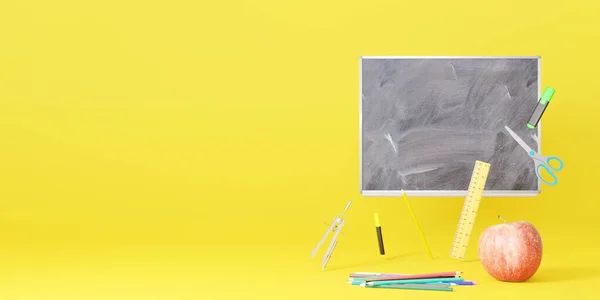 School Stationery Items Yellow Background Free Space Text Creative Colourful — Fotografia de Stock