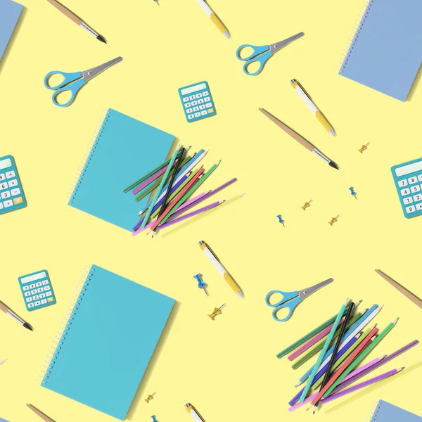 Seamless Pattern School Stationery Items Yellow Background Colorful Background School — Photo
