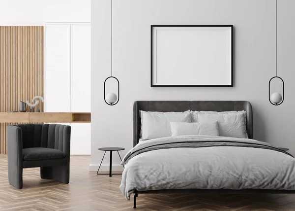 现代卧房白墙上的空相框 模仿当代风格的室内装潢 复制空间为您的图片 3D渲染 — 图库照片