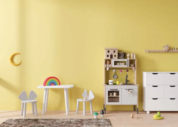 Κενός Κίτρινος Τοίχος Στο Μοντέρνο Παιδικό Δωμάτιο Σκαλίστε Εσωτερικό Σκανδιναβικό — Φωτογραφία Αρχείου