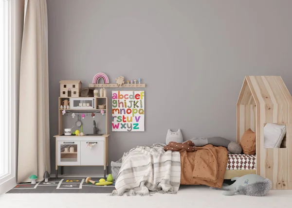 Κενός Γκρίζος Τοίχος Στο Μοντέρνο Παιδικό Δωμάτιο Σκαλίστε Εσωτερικό Σκανδιναβικό — Φωτογραφία Αρχείου