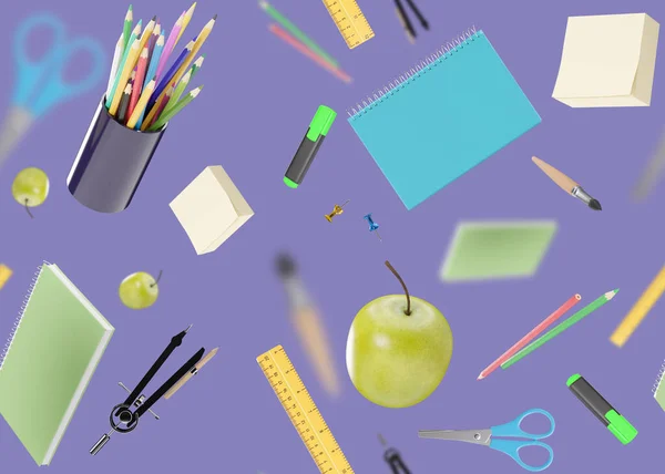 Seamless Pattern School Stationery Items Purple Background Colorful Background School — Fotografia de Stock