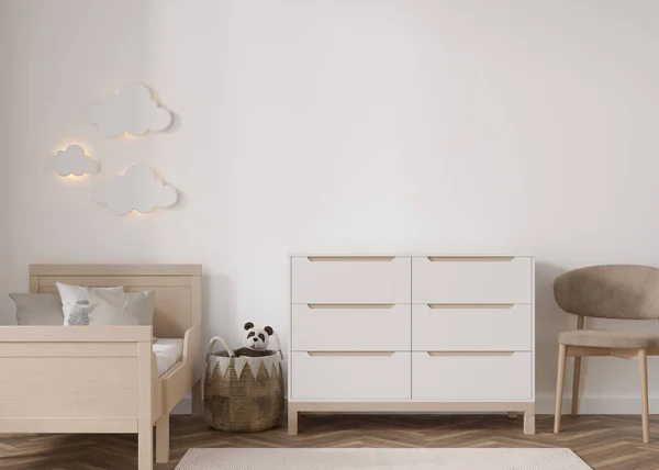 Empty White Wall Modern Child Room Mock Interior Scandinavian Style — Zdjęcie stockowe