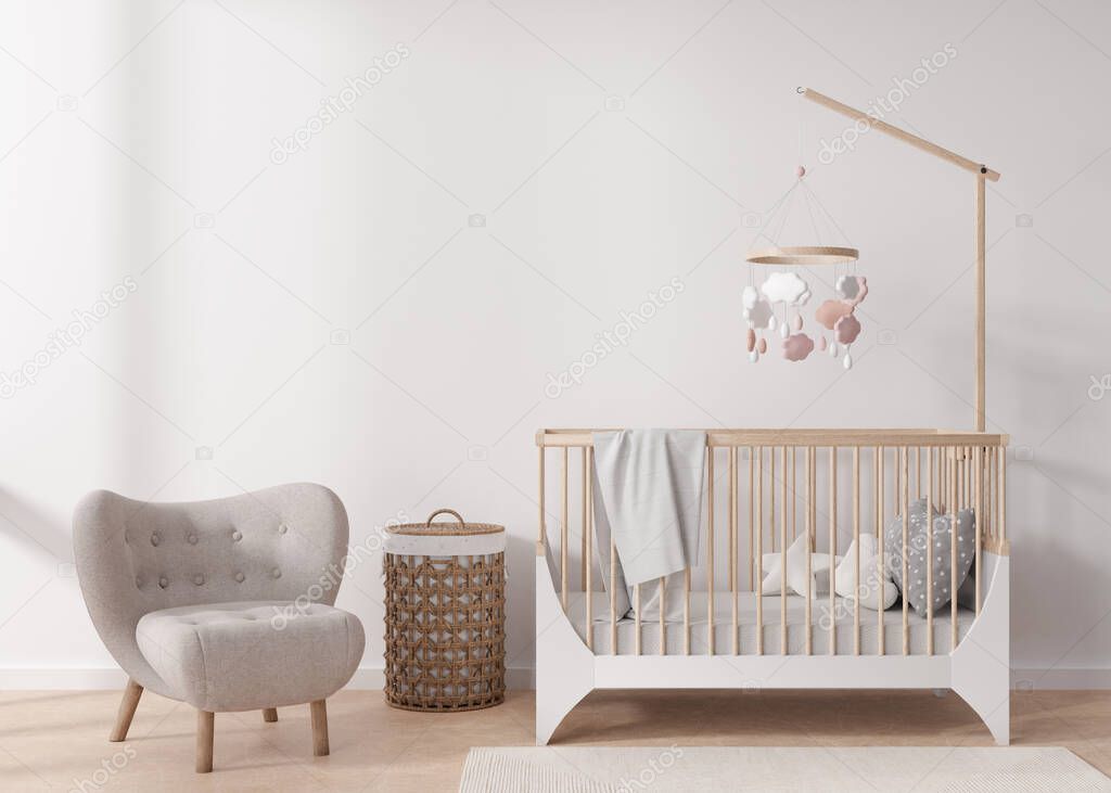 Empty white wall in modern child room. Mock up interior in scandinavian style. Copy space for your picture or poster. Bed, armchair, rattan basket. Cozy room for kids. 3D rendering