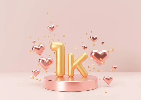 1000 Followers Card Golden Confetti Pink Background Banner Social Network — Stok fotoğraf