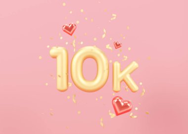 10000 followers card with golden confetti on pink background. Banner for social network, blog. 10k followers or likes celebration. Social media achievement poster. Ten thousand subscriber. 3d render