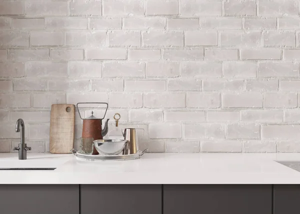 Κενό Λευκό Τούβλο Τοίχο Στην Κουζίνα Ετοίμασε Εσωτερικό Κοίτα Από — Φωτογραφία Αρχείου