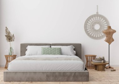 Modern yatak odasındaki boş beyaz duvar. İç mekanın İskandinav tarzında, boho tarzı. Boş, resminiz, mesajınız ya da başka bir tasarım için boşluk kopyalayın. Yatak, makrome, otlar. 3B görüntüleme
