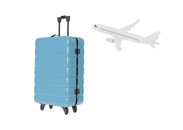 Blauer Koffer Mit Rädern Und Flugzeug Isoliert Auf Weißem Hintergrund — Stockfoto