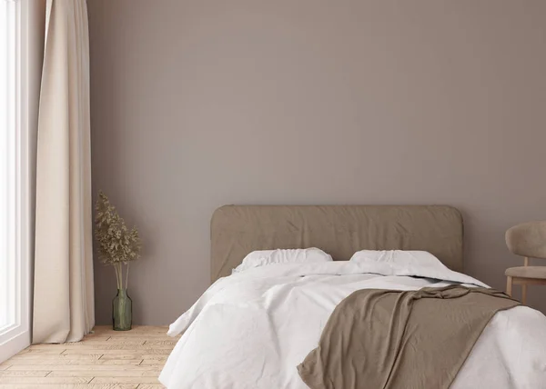 Empty Brown Wall Modern Bedroom Mock Interior Scandinavian Boho Style — Zdjęcie stockowe