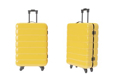 Beyaz arka planda izole edilmiş tekerlekli sarı bavul. Fermuarlı bir valiz. Büyük bagaj vagonu. Ön ve yan görüş. Tatiller, turizm, tatil. Moda ve renkli tasarım. 3B görüntüleme