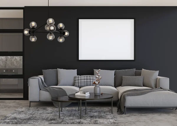 Empty Horizontal Picture Frame Black Wall Modern Living Room Mock — 图库照片