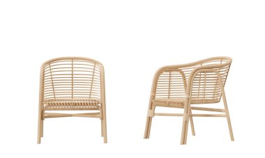 Rattan armchair isolated on white background. Front and side view. Trendy furniture. Wicker chair boho style. 3D rendering