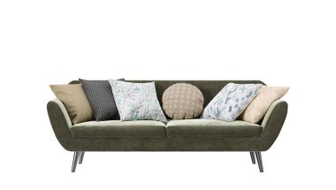 Beyaz arka planda yeşil kanepe. Ön manzara. Modern mobilyalar. Güzel kanepe, çağdaş tarz. 3B görüntüleme