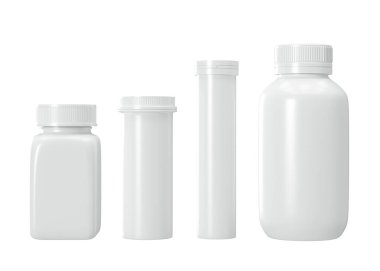 Beyaz arka planda izole edilmiş boş ilaç şişeleri. İlaç şişesi maketi. Tıbbi konteynırlar hazır. Bedava, etiketiniz için kopyalama alanı. 3d oluşturma