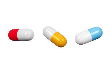 Colourfull pills isolated on white background. Medicines, tablets and pharmacy. Cut out. Health, healthcare concept. 3d rendering