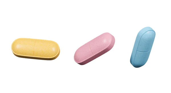 Kolorowe Tabletki Wyizolowane Białym Tle Leki Tabletki Apteka Wyłącz Zdrowie — Zdjęcie stockowe