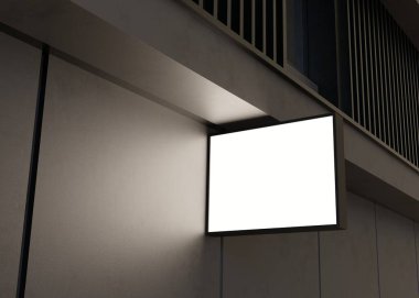 Blank signboard mock up, on the facade. Copy space for your store sign or logo. Modern empty outdoor signage, mockup to add company logo. Store Signboard. Illuminated lightbox on dark wall. 3d render