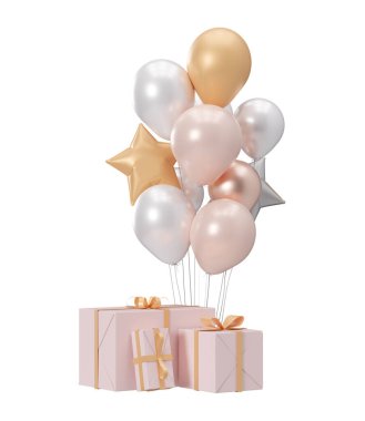 Beyaz arka planda izole edilmiş balonlar ve hediyeler. Doğum günü, kutlama, etkinlik kartı için element. 3d oluşturma